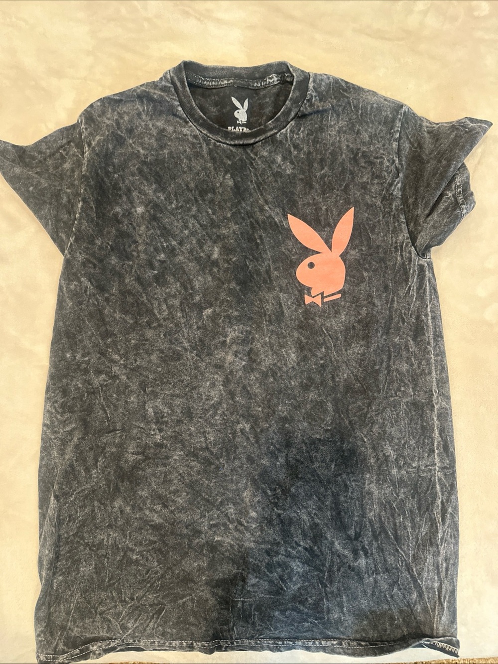 PLAYBOY Black Mineral-Wash Tee with Pink Bunny Graphic